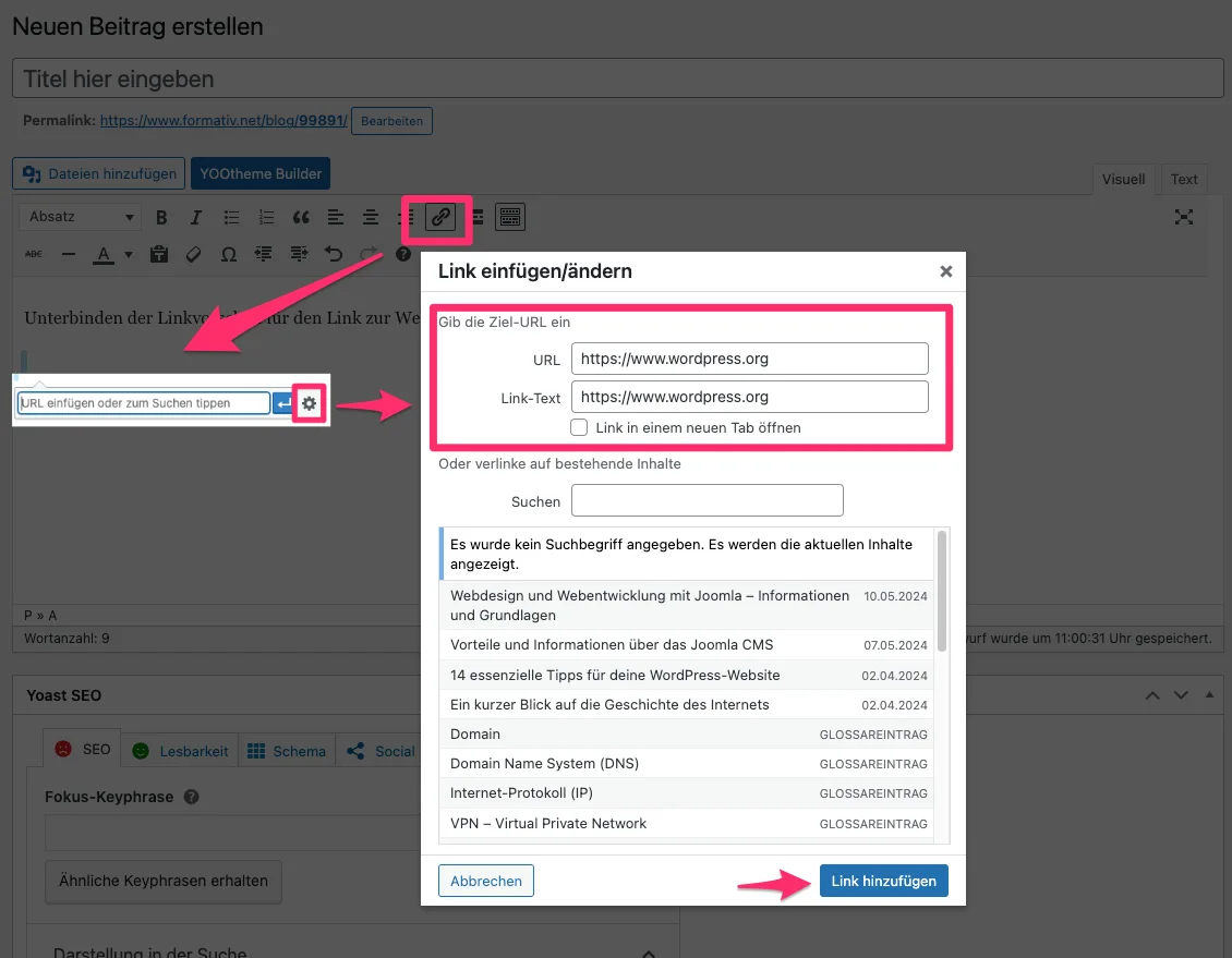 Classic Editor: Link im Klartext ohne Vorschau/Embeds